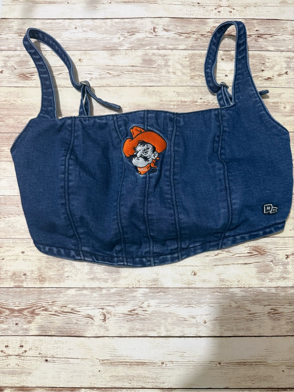 Denim Crop Tank with Oklahoma State Patch